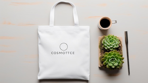 White tote bag mockup with succulents