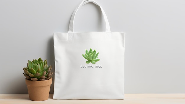 White tote bag mockup with succulents