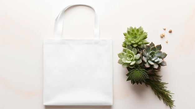 White tote bag mockup with succulents