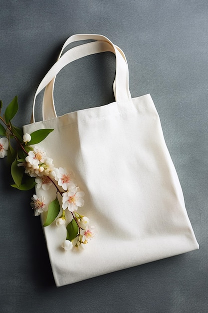 A white tote bag with flowers on it