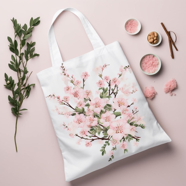 A white tote bag with pink flowers on it