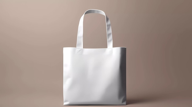 A white tote bag with a silver ribbon around the handle.