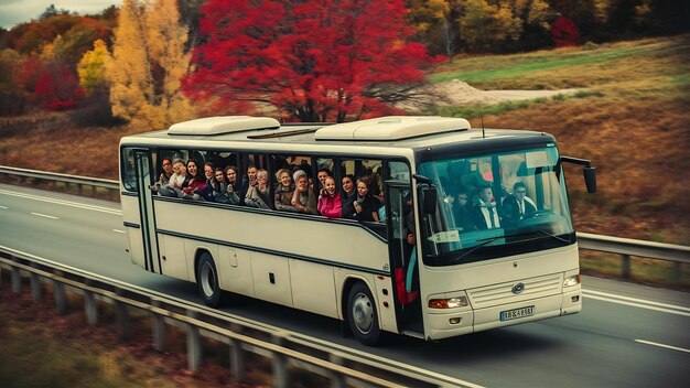 White tourist bus in the highway road in poland travel concept