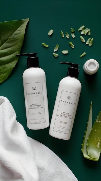 White towel bottles of shampoo and conditioner lie on a table with green leaf and aloe