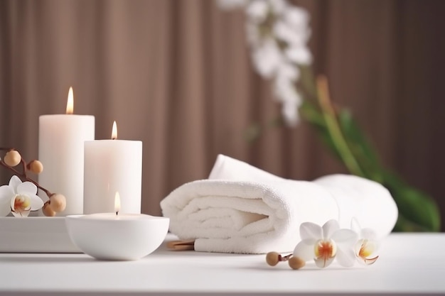 A white towel and a candle on a table with a white towel and with flowers in the background