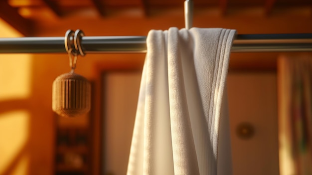 White towel hanging on a clothesline in a hotel closeup