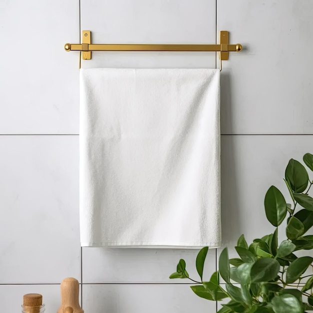 A white towel hanging on a towel rack