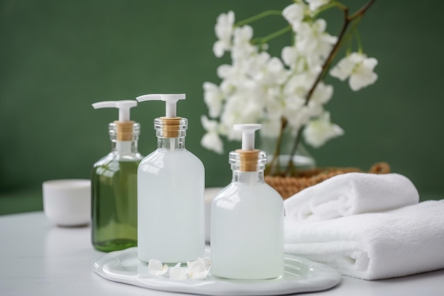 A white towel is next to a bottle of soap with a wooden cap.