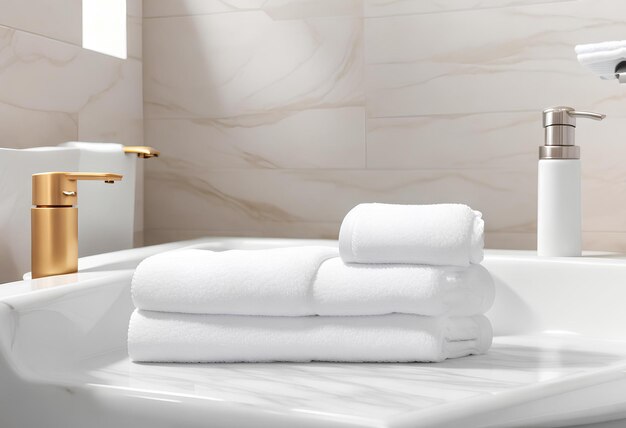 White towel on white marble countertop in bathroom modern interior object