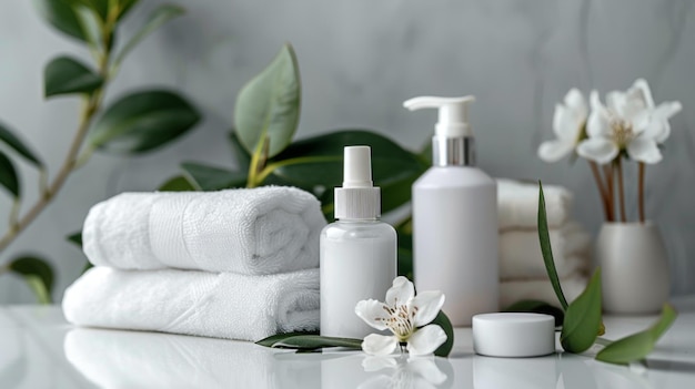 a white towel with a flower on it sits on a table next to a white towel