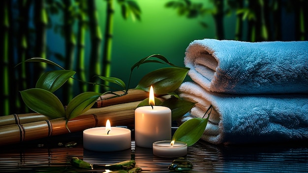 White towel with leaves and burnt candle generative AI