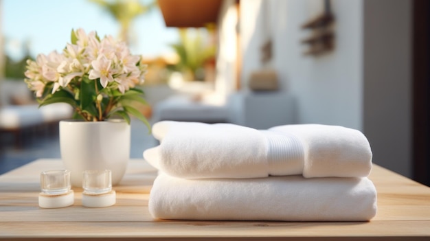 white towel on wooden table and bathroom bathroom