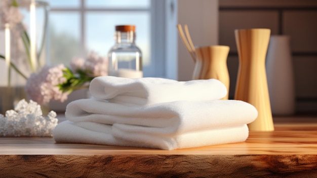 white towel on wooden table and bathroom bathroom