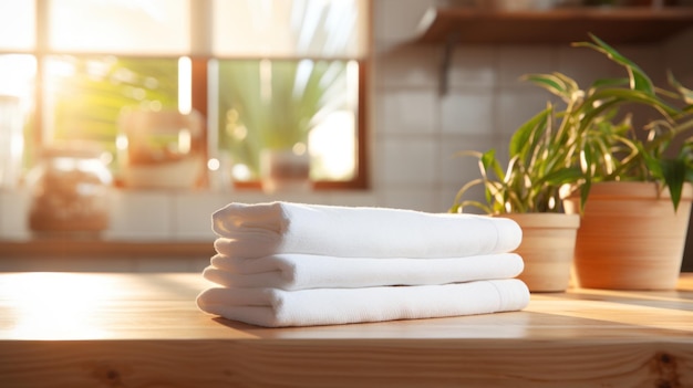 white towel on wooden table and bathroom bathroom