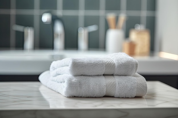 White towels neatly stacked on a countertop Generative AI