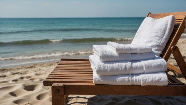 White towels stacked on a beach lounger against the background of the sea with clear water