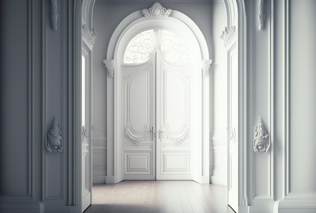 White traditional doors in a hallway or corridor interior background