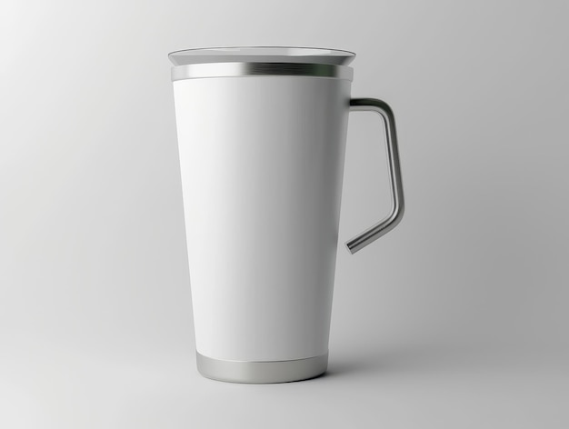 White travel mug with a silver lid and handle isolated on a white background