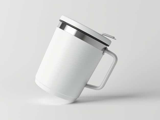 White travel mug with a silver lid and handle on a white background