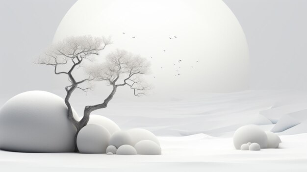 Photo a white tree with a white background with a white ball of snow on the ground