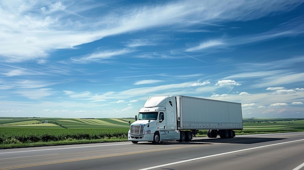 White truck driving on highway under sunny sky