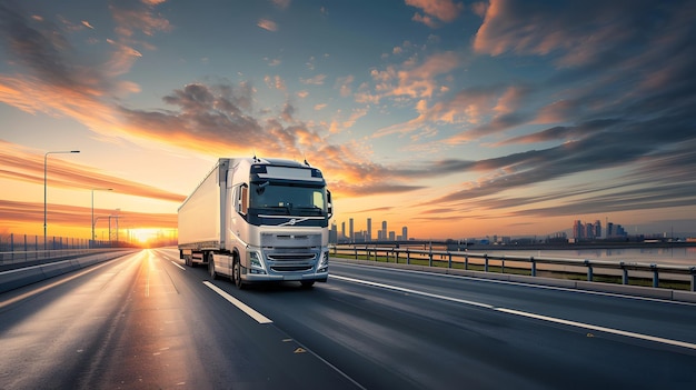 a white truck is driving down the highway with the city in the background