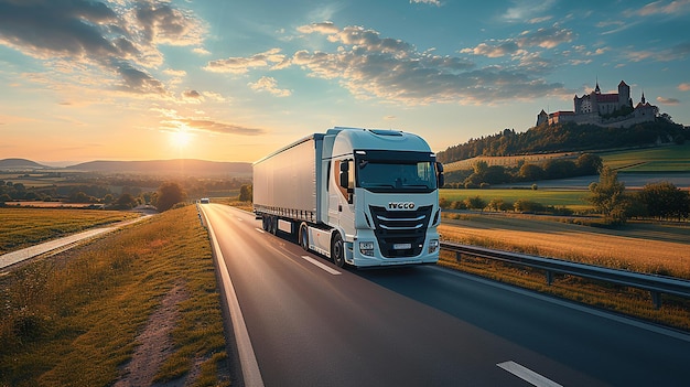 a white truck is driving down a road with the sun setting behind it