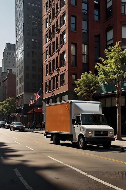 a white truck is driving down the street in front of a building