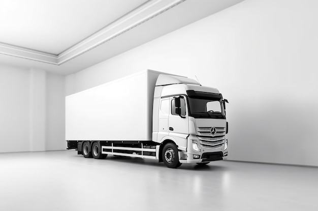 A white truck is in a garage with a white box on the side.