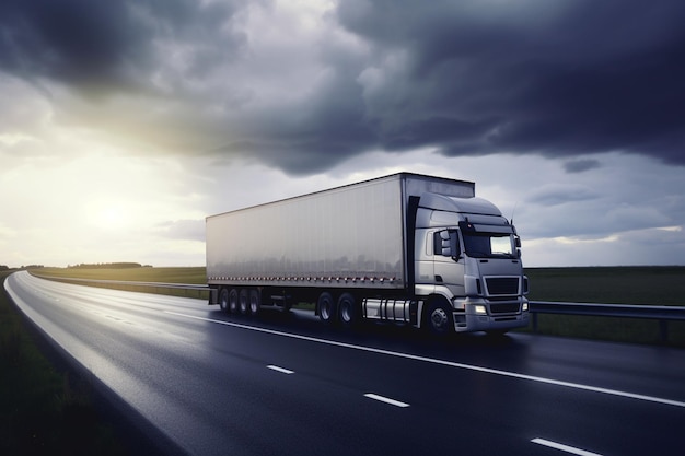 A white truck with a trailer on the front is driving on a highway with the sun setting behind it.