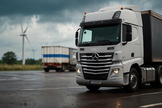 a white truck with the word mercedes on the front