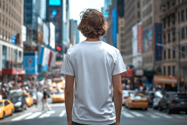 white tshirt back view mockup man on the background of the sea