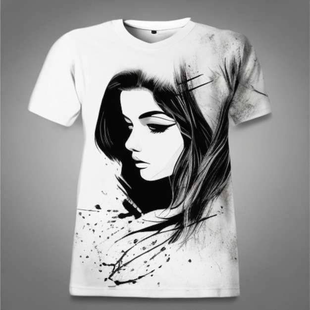 A white tshirt featuring a black and white image of a woman mockup