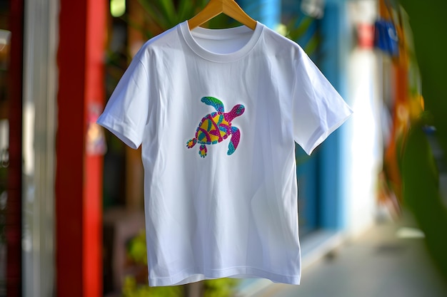 A white Tshirt featuring a colorful turtle design