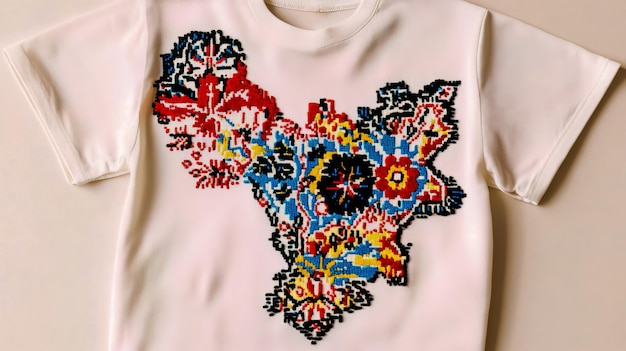 Photo a white tshirt featuring a print of the map of ukraine designed in the traditional embroidered style