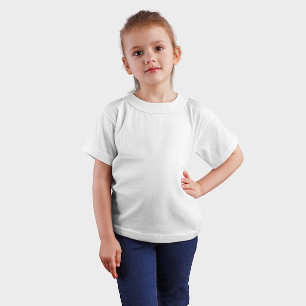 White tshirt on a girl in blue jeans and a hand on the waist empty clothes on a child