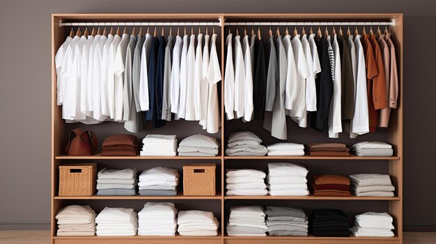 a white Tshirt hanging in a closet with the focus sharply drawn to the clean lines and simplicity of the garment