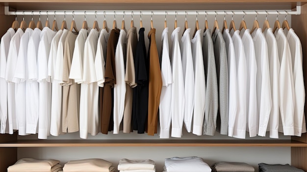 a white Tshirt hanging in a closet with the focus sharply drawn to the clean lines and simplicity of the garment