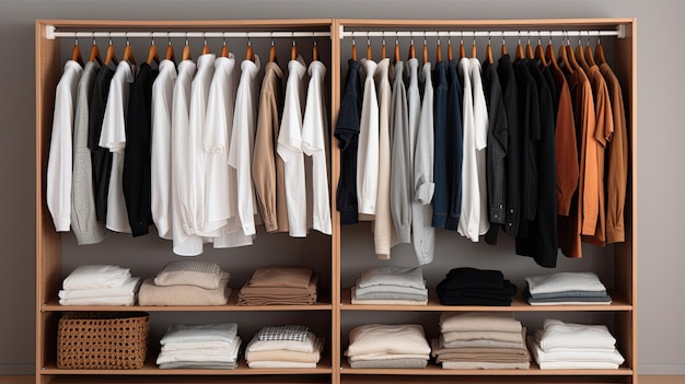 a white Tshirt hanging in a closet with the focus sharply drawn to the clean lines and simplicity of the garment