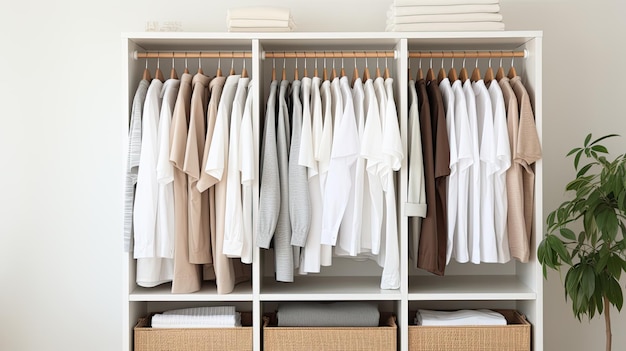 a white Tshirt hanging in a closet with the focus sharply drawn to the clean lines and simplicity of the garment