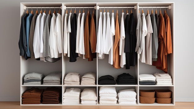 a white Tshirt hanging in a closet with the focus sharply drawn to the clean lines and simplicity of the garment