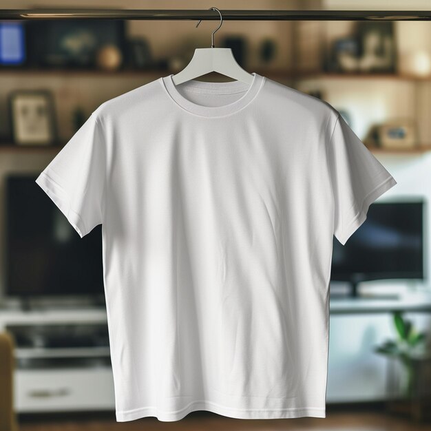 Photo white tshirt hanging on a hanger in a home setting