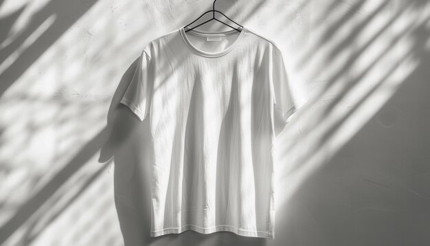 Photo white tshirt hanging on a hook with shadows from natural light in a minimalistic space