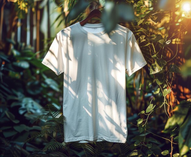 Photo white tshirt hanging in lush green foliage