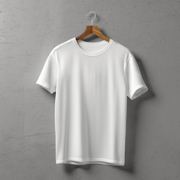 white Tshirt hanging on a wooden hanger against a gray wall A simple layout for placement of logos