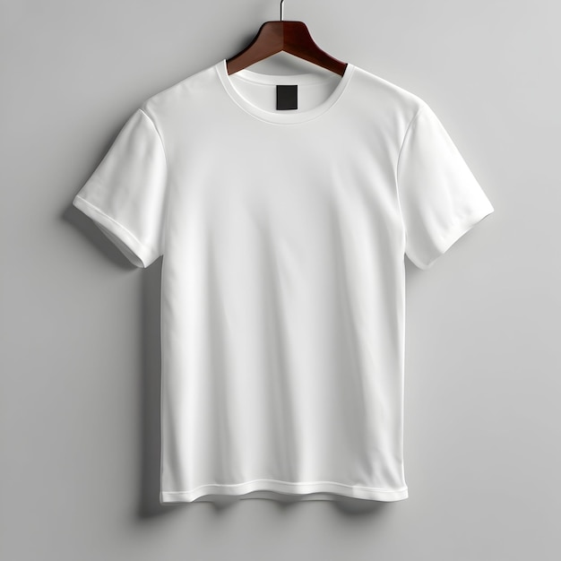 white Tshirt hanging on a wooden hanger against a gray wall A simple layout for placement of logos