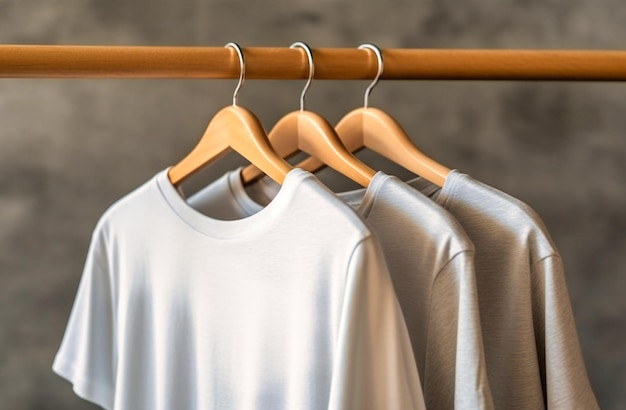 White tshirt hanging on a wooden rack