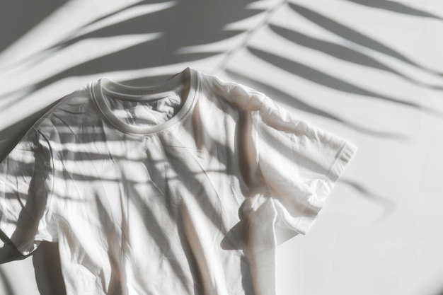 Photo a white tshirt lays flat on a surface illuminated by the sun and casting delicate shadows of a leafy branch