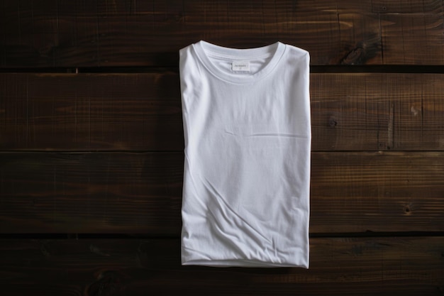 A white tshirt lies folded on a dark wooden surface ready for customization