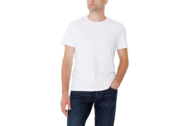 White Tshirt on a man layout isolated on a white background copy space